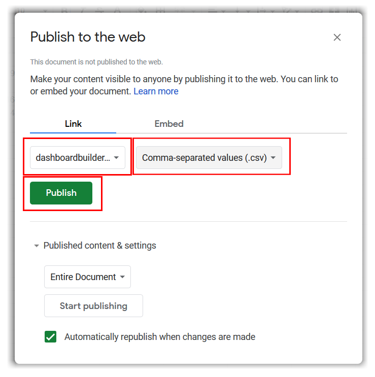 Publish to the web screen2
