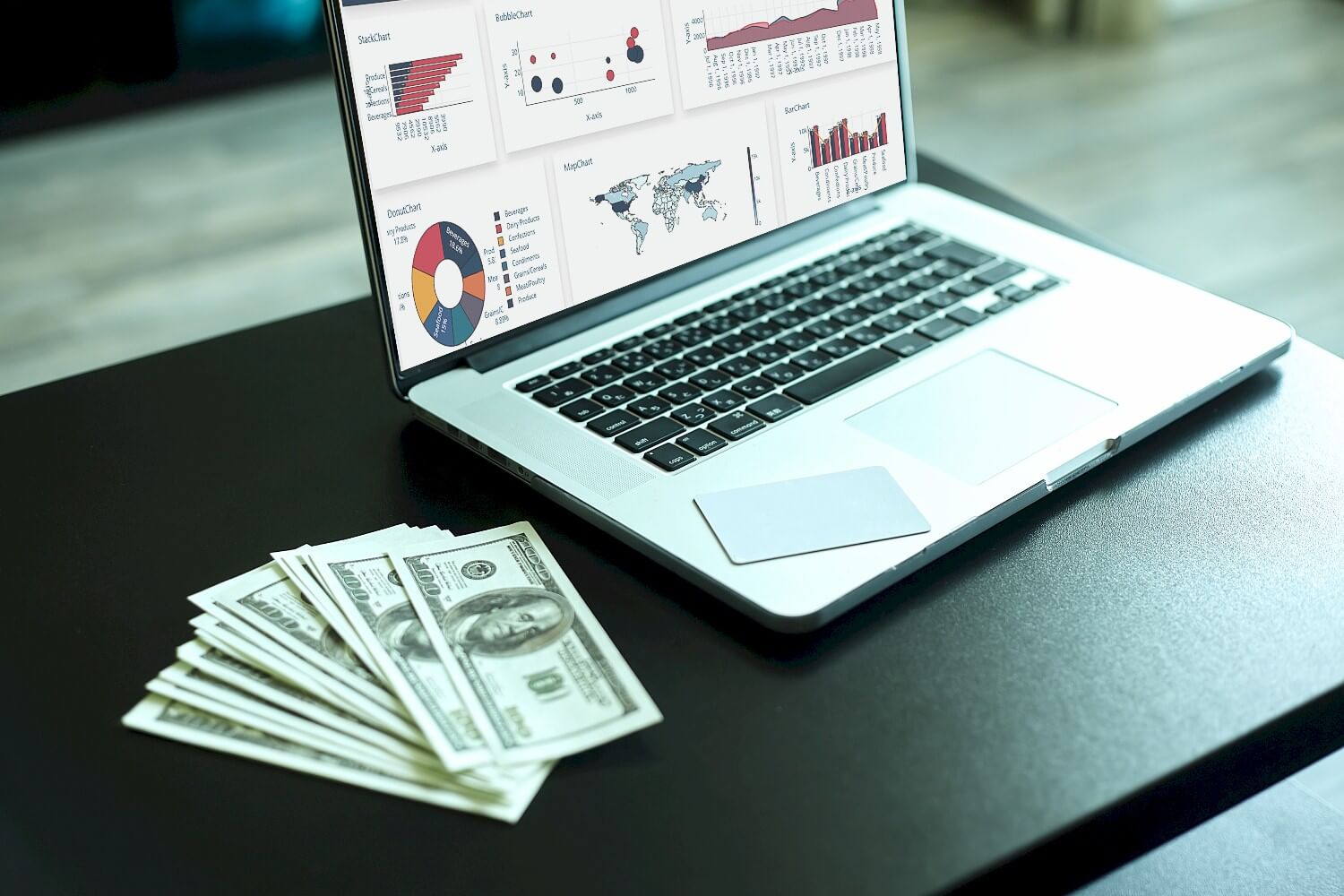 Broker analyzing live stock market trends and trading volumes on a real-time dashboard in a securities firm.