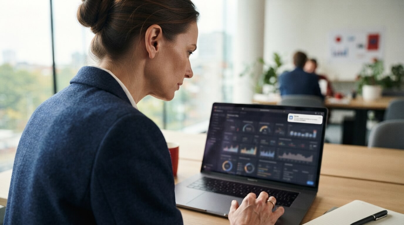A team member getting a dashboard alert as a notification on a laptop
